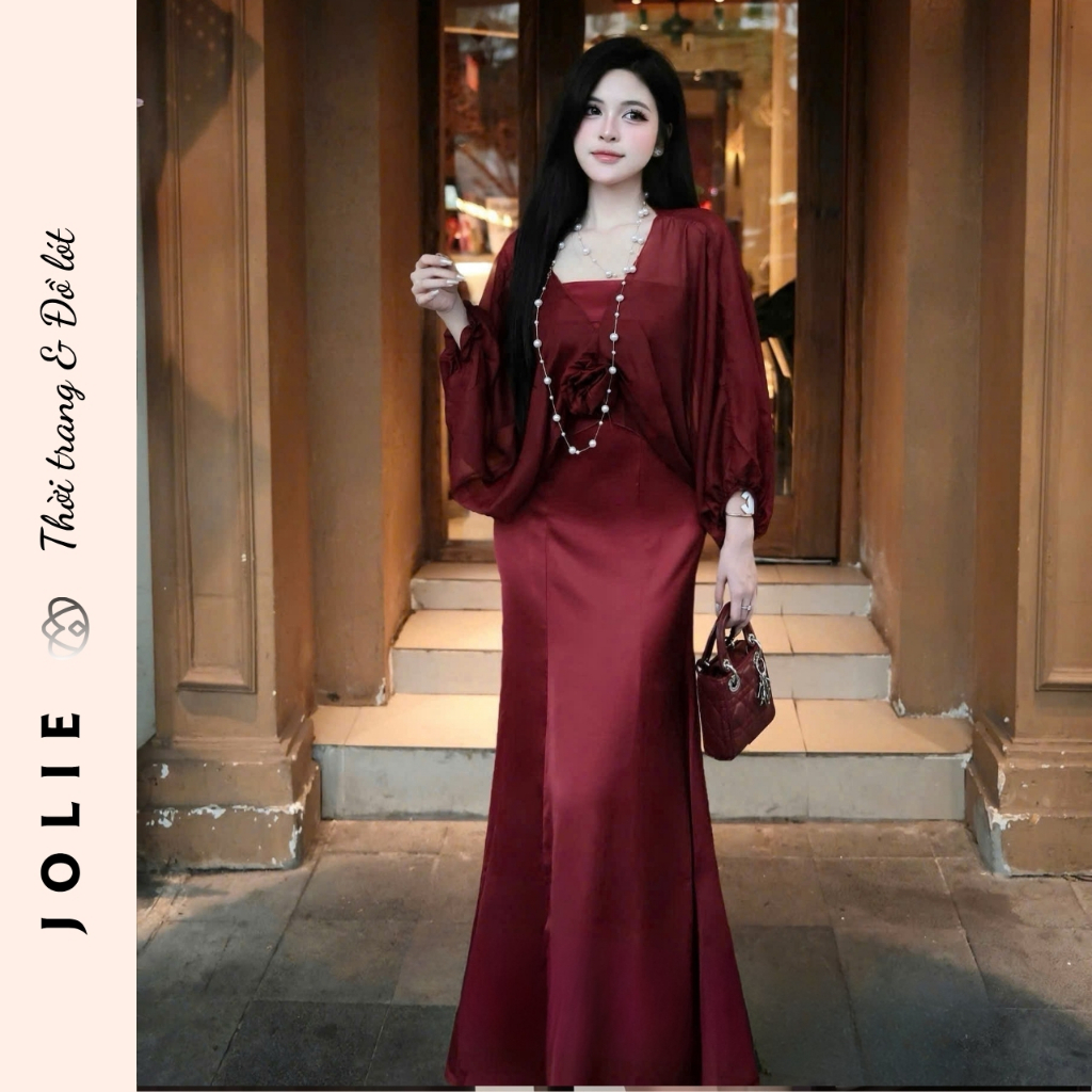 Váy Jolie Lụa Satin Dáng Dài Phối Áo Choàng Voan Tơ Kèm Hoa Thủ Công Sang Trọng Dự Tiệc