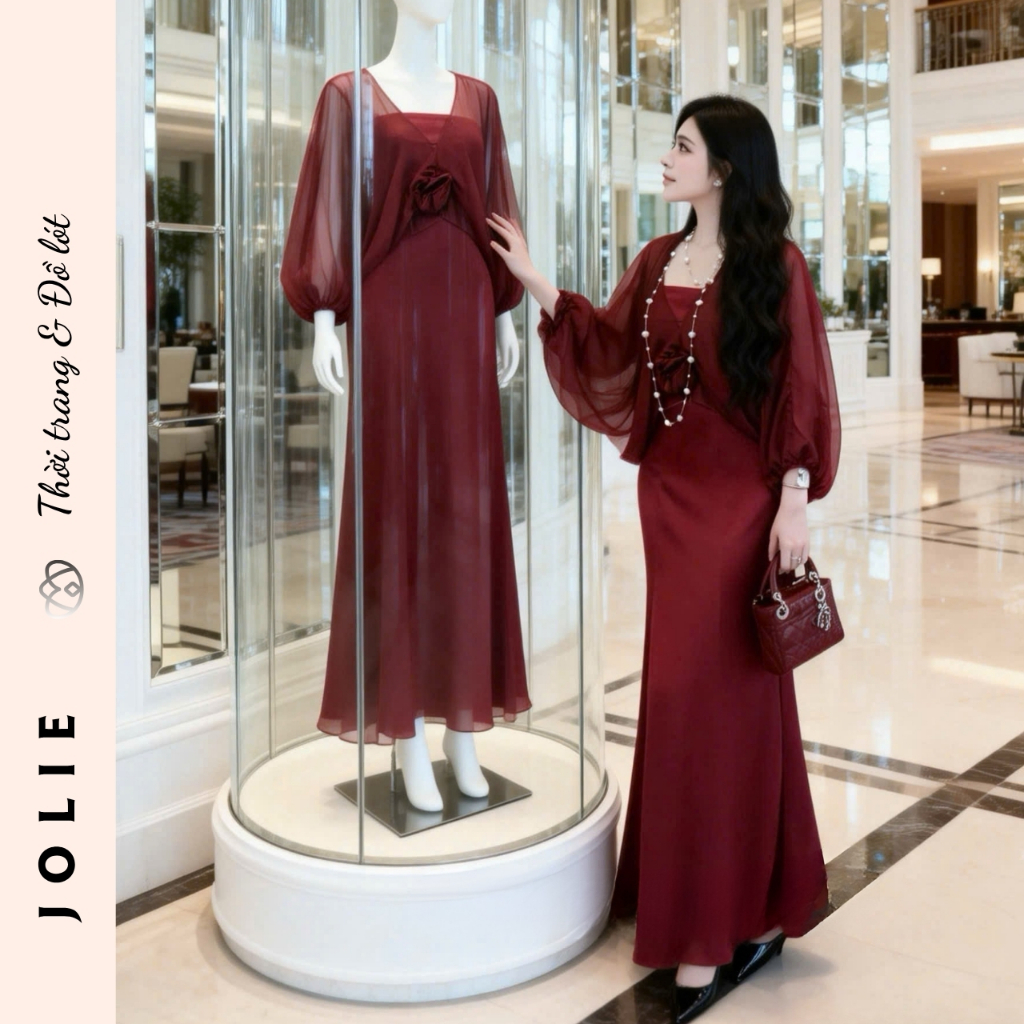 Váy Jolie Lụa Satin Dáng Dài Phối Áo Choàng Voan Tơ Kèm Hoa Thủ Công Sang Trọng Dự Tiệc