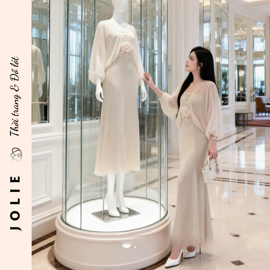 Váy Jolie Lụa Satin Dáng Dài Phối Áo Choàng Voan Tơ Kèm Hoa Thủ Công Sang Trọng Dự Tiệc