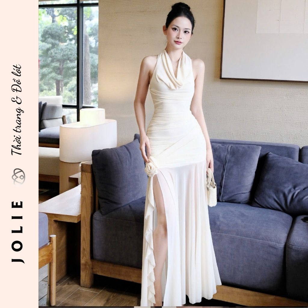 Váy Jolie Thiết Kế Cổ Yếm Đổ Dáng Dài Xẻ Tà Đính Hoa Thủ Công Sang Trọng