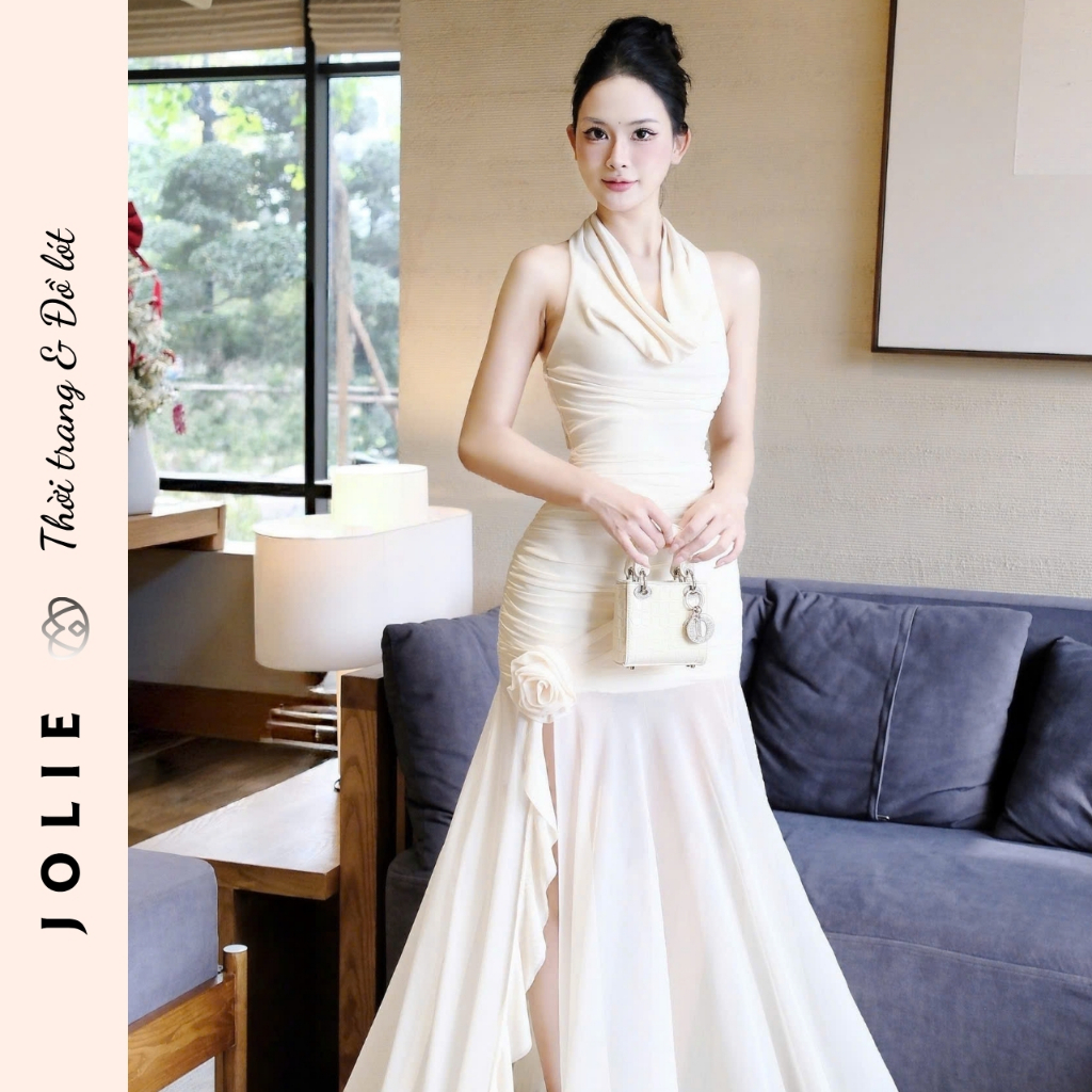 Váy Jolie Thiết Kế Cổ Yếm Đổ Dáng Dài Xẻ Tà Đính Hoa Thủ Công Sang Trọng