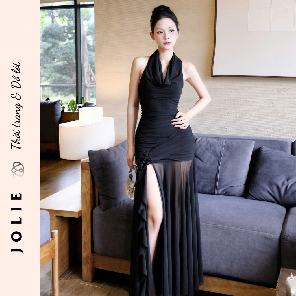 Váy Jolie Thiết Kế Cổ Yếm Đổ Dáng Dài Xẻ Tà Đính Hoa Thủ Công Sang Trọng