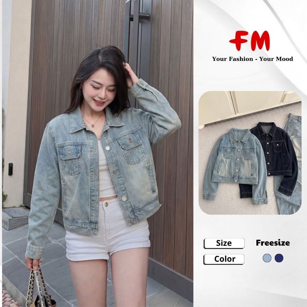Áo Khoác Jeans Nữ Oversize FMSTYLE Tay Dài 2 Túi Nắp Viền Form Rộng Cá Tính  26040933