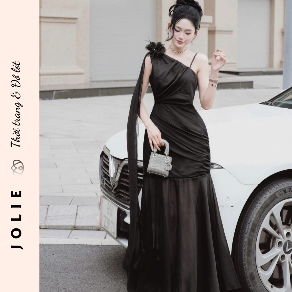 Váy Jolie Lụa Satin Thiết Kế Cổ Yếm Đổ Dáng Dài Xẻ Tà Sang Trọng Quyến Rũ