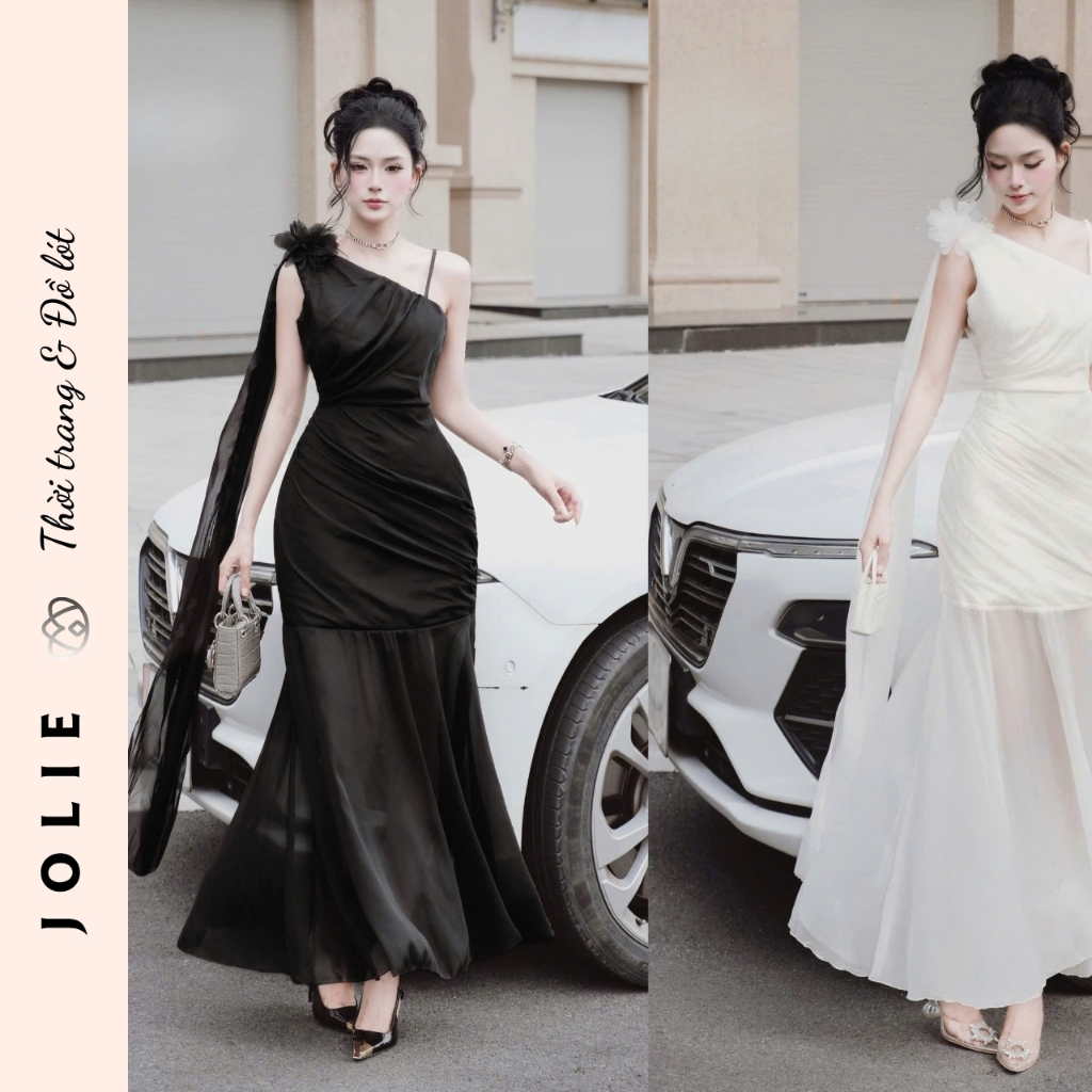 Váy Jolie Lụa Satin Thiết Kế Cổ Yếm Đổ Dáng Dài Xẻ Tà Sang Trọng Quyến Rũ