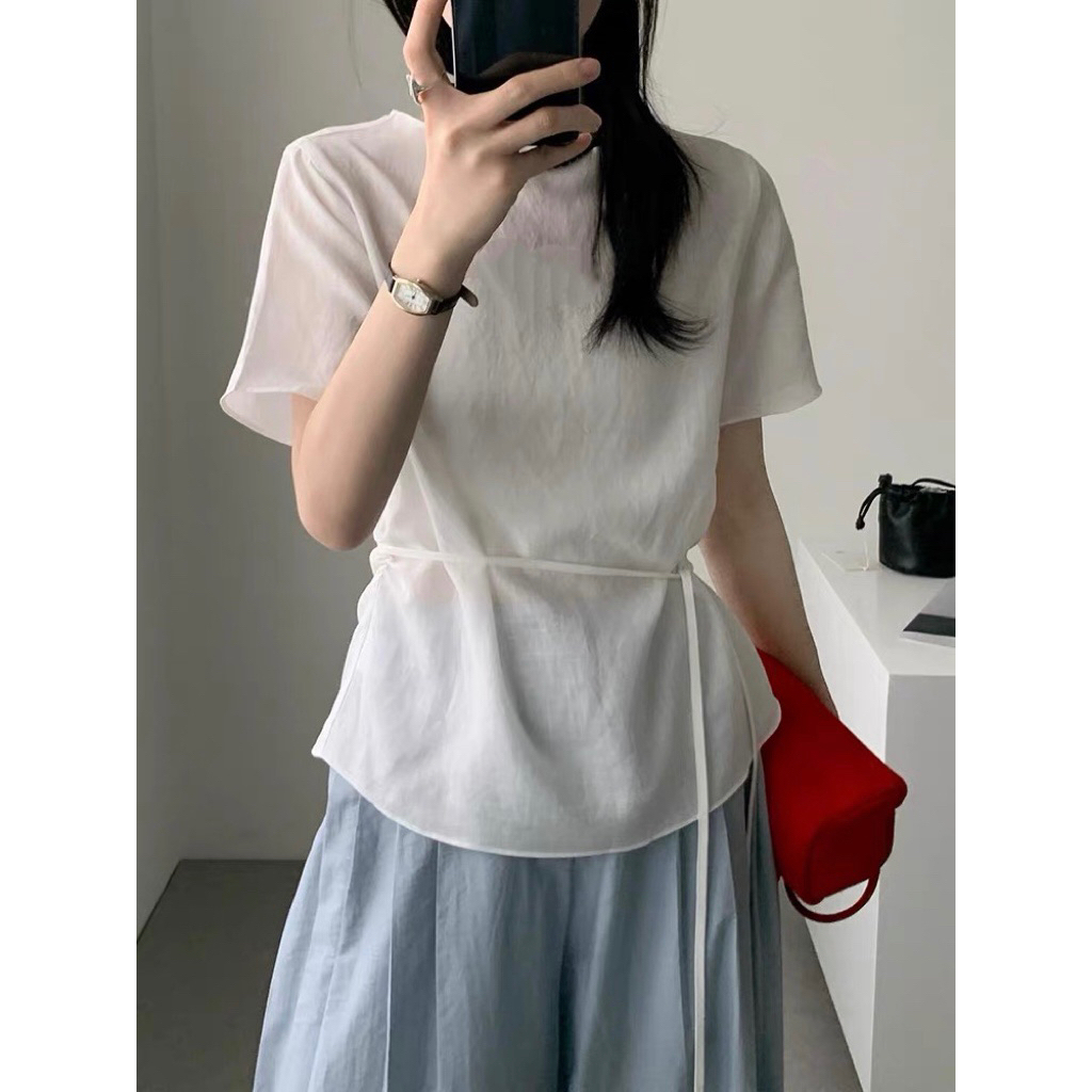 𝗝𝘂𝗻𝗼 -  Áo Linen TƠ cột nơ basic