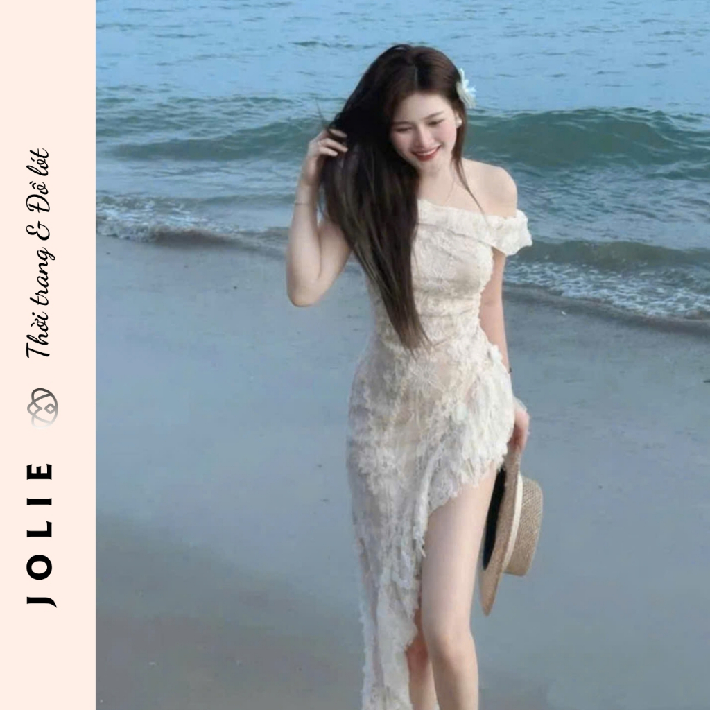 Váy Jolie Ren Cao Cấp Thiết Kế Trễ Vai Dáng Dài Xẻ Tà Phối Bèo Nhún Quyến Rũ