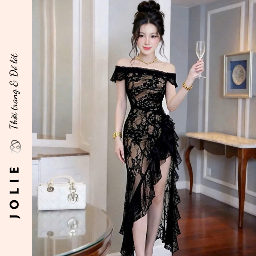 Váy Jolie Ren Cao Cấp Thiết Kế Trễ Vai Dáng Dài Xẻ Tà Phối Bèo Nhún Quyến Rũ