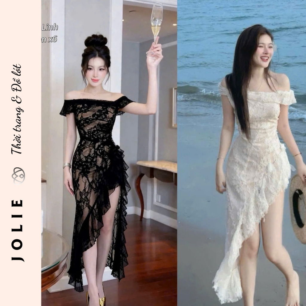Váy Jolie Ren Cao Cấp Thiết Kế Trễ Vai Dáng Dài Xẻ Tà Phối Bèo Nhún Quyến Rũ