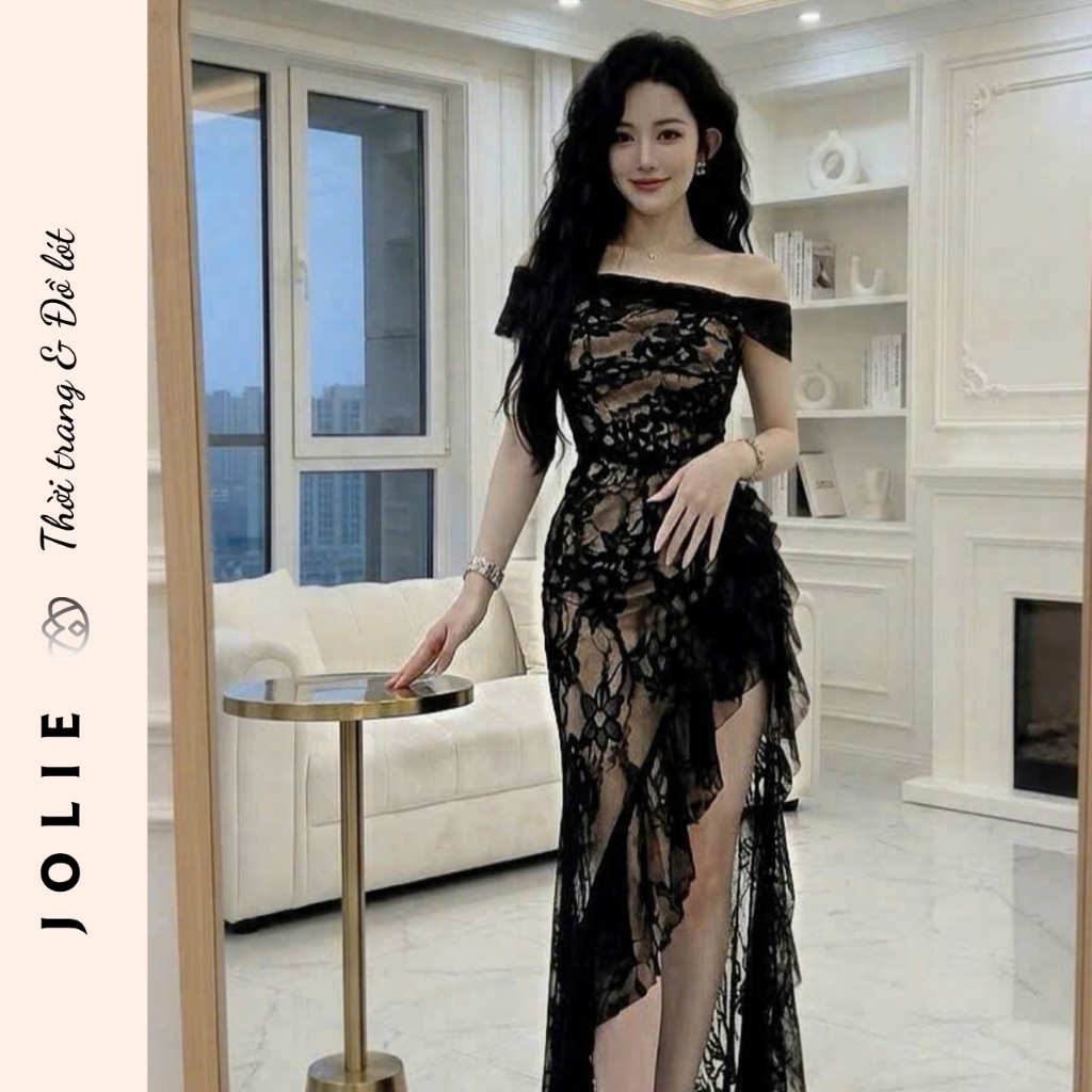 Váy Jolie Ren Cao Cấp Thiết Kế Trễ Vai Dáng Dài Xẻ Tà Phối Bèo Nhún Quyến Rũ