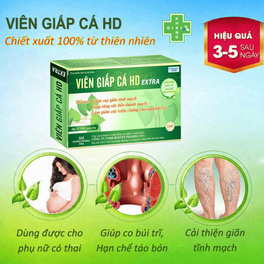 Viên uống giấp cá HD Extra 100% từ thiên nhiên, giúp cải thiện giãn tĩnh mạch, hạn chế trĩ, táo bón (Hộp 30 viên)