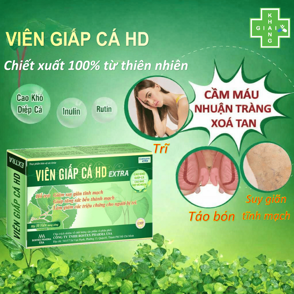 Viên uống giấp cá HD Extra 100% từ thiên nhiên, giúp cải thiện giãn tĩnh mạch, hạn chế trĩ, táo bón (Hộp 30 viên)