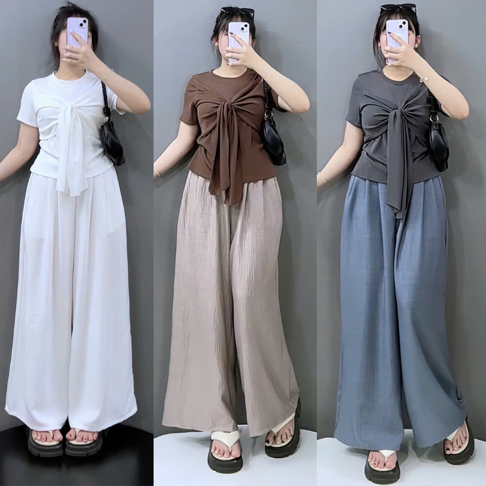 Set Bigsize áo thun tay ngắn phối nơ trước ngực kèm Quần dài nữ tính, chất mềm mát 55-92kg A269+Q564