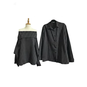 Set đồ đôi nam nữ couple áo trễ vai kẻ xanh tay bồng dáng dấu quần siêu xinh và áo sơmi nam dài tay