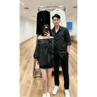 (S - 42)[ GIÁ CẶP ] Set đồ đôi nam nữ couple áo trễ vai kẻ xanh tay bồng dáng dấu quần siêu xinh và áo sơmi nam dài tay