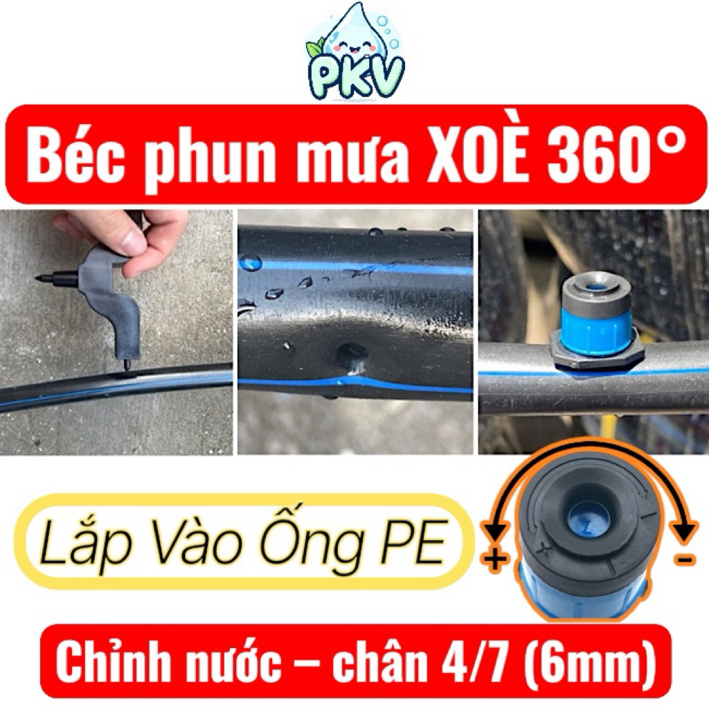 [Giá Rẻ] Combo 10 Béc Phun Mưa 360° Chỉnh Nước – Tia Mịn, Phun Rộng 4m, Chân 4/7 (6mm)
