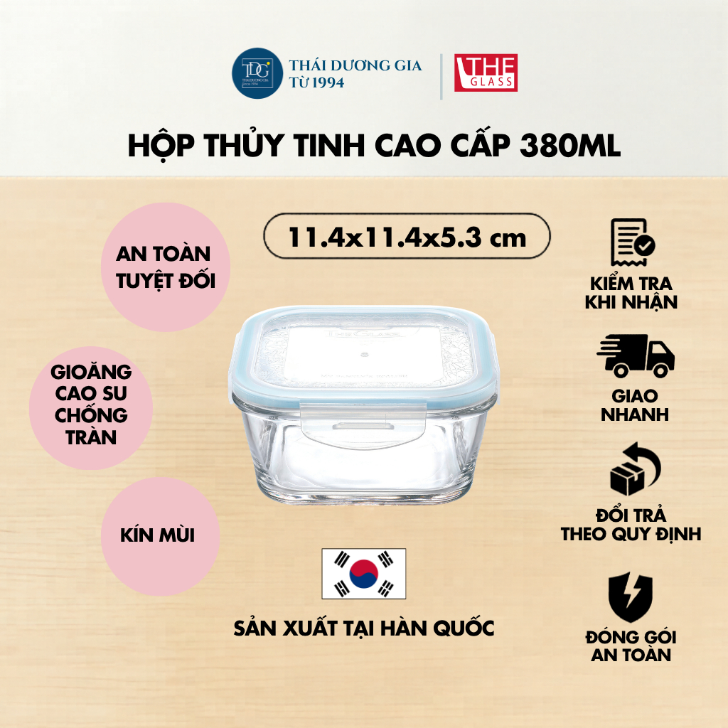 Hộp đựng cơm, đựng thực phẩm thực phẩm vuông Hàn Quốc The Glass 380ml P739 - Thái Dương Gia
