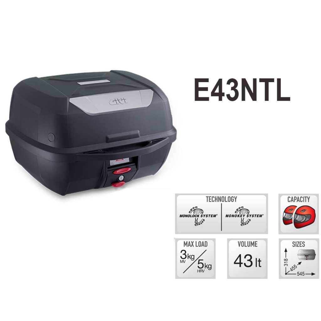 Thùng sau xe máy GIVI E43Ntl kèm phụ kiện tựa lưng, lưới ràng phản quang - Chính hãng 43 lít