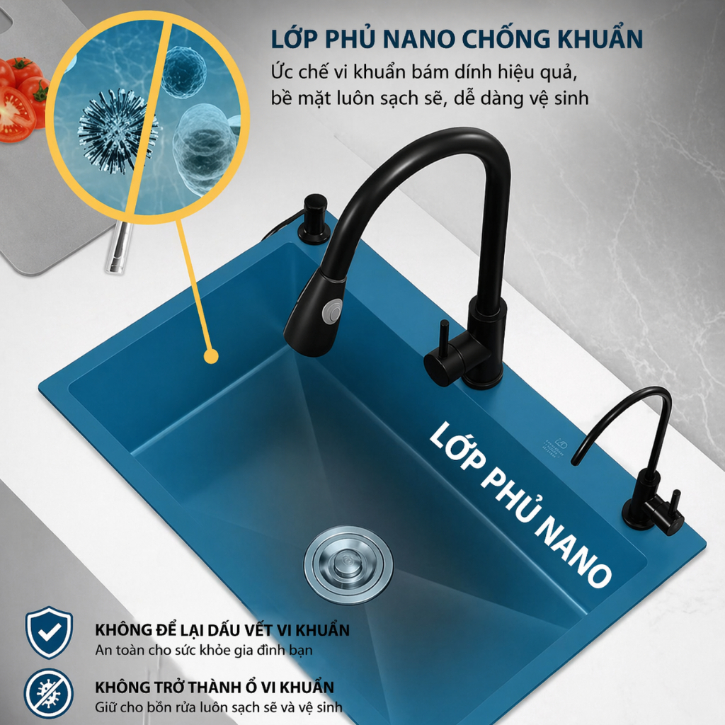 chậu rửa bát 1 hố inox 304 chính hãng cỡ lớn bồn rửa chén 50*45cm 75*45cm Bảo hành 2 nă cỡ nhỏ Full Phụ KiệnLớp phủ nano