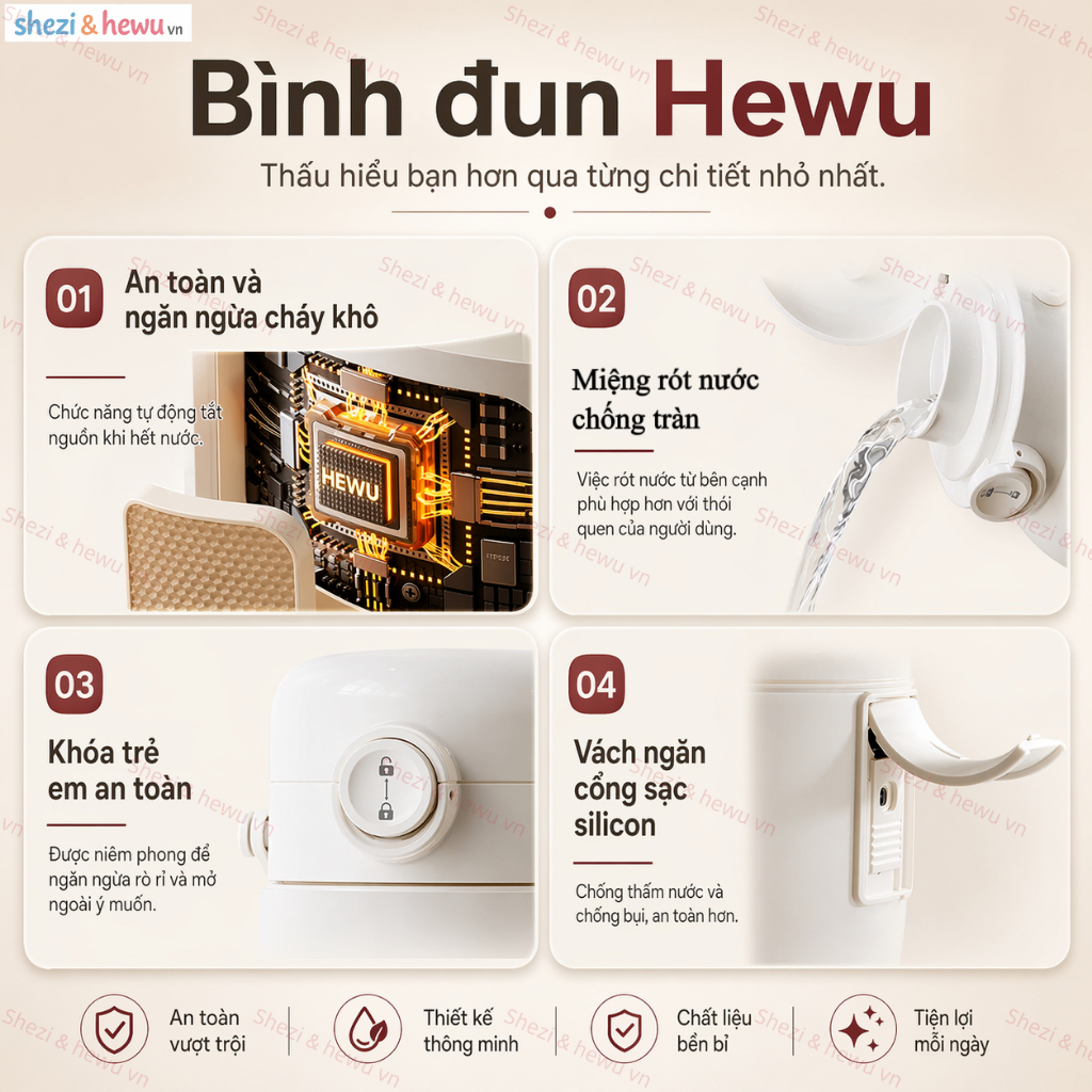 SHEZI & HEWU thế hệ mới 2025 — ấm đun nước điện đầu tiên có thể đun nóng đến 100°C ở cả hai chế độ.