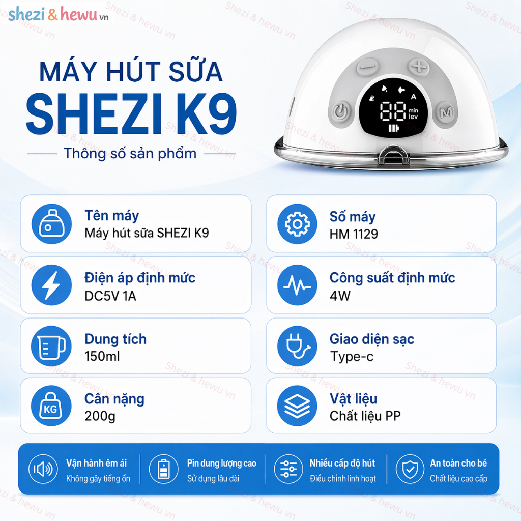 Máy hút sữa không dây Shezi K9, dung tích lớn 150ml, hút sữa nhanh và không đau rát, chất liệu an toàn