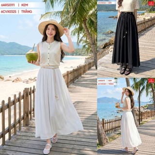 6CVX03,04  Chân váy maxi nữ CARDINA chất liệu chiffon cạp chun phối dây đai 6CVX03