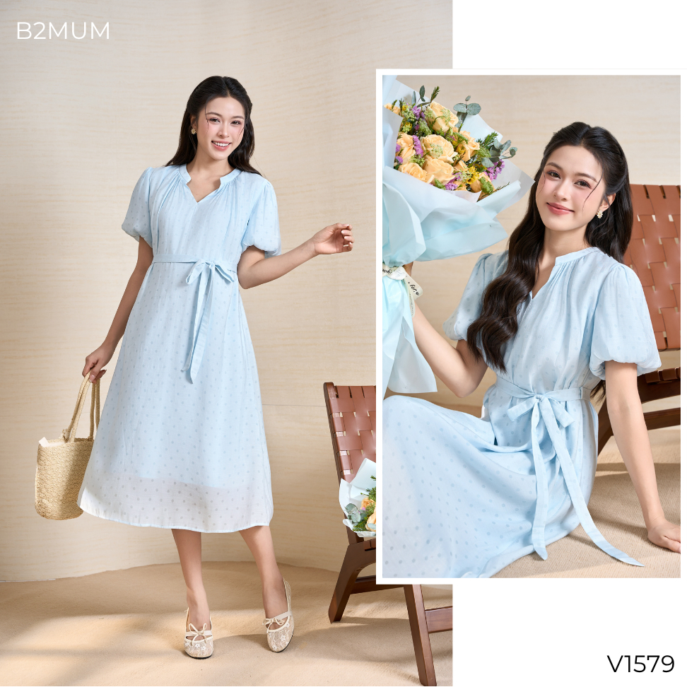 Đầm Bầu Suông Dáng Dài Thắt Eo Nhẹ, Tay Bồng Nữ Tính – Mặc Đi Làm, Đi Chơi, Du Lịch Thoải Mái Vire Dress V1579 By B2MUM