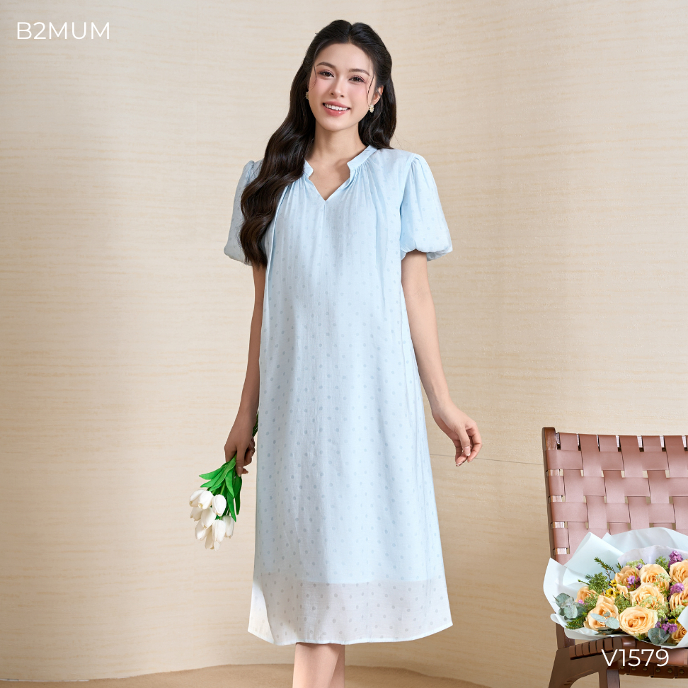 Đầm Bầu Suông Dáng Dài Thắt Eo Nhẹ, Tay Bồng Nữ Tính – Mặc Đi Làm, Đi Chơi, Du Lịch Thoải Mái Vire Dress V1579 By B2MUM