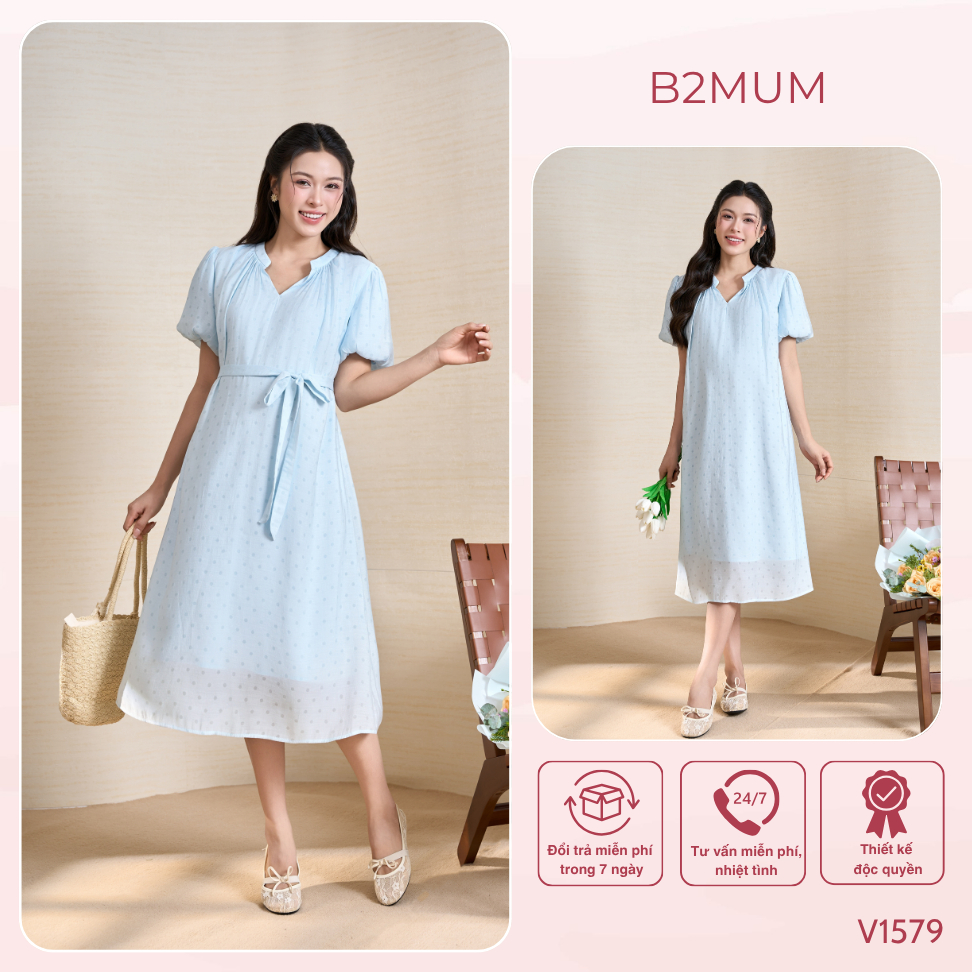 Đầm Bầu Suông Dáng Dài Thắt Eo Nhẹ, Tay Bồng Nữ Tính – Mặc Đi Làm, Đi Chơi, Du Lịch Thoải Mái Vire Dress V1579 By B2MUM