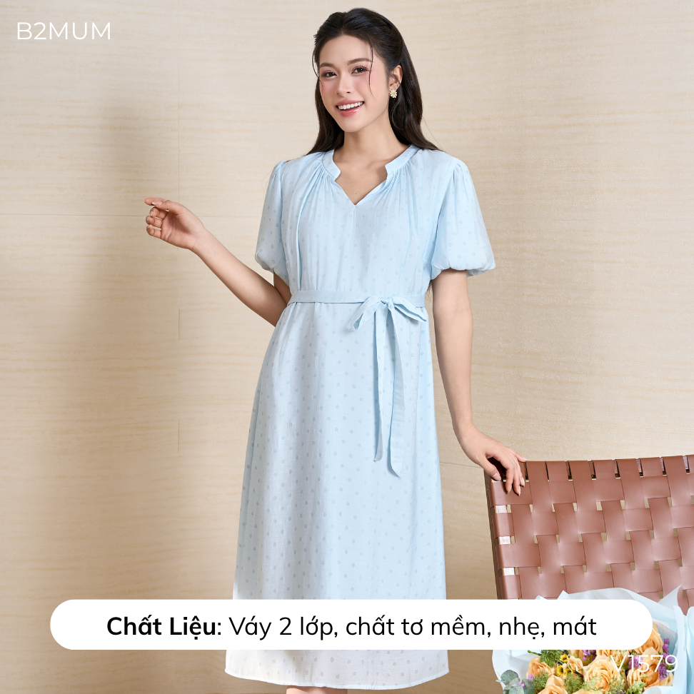 Đầm Bầu Suông Dáng Dài Thắt Eo Nhẹ, Tay Bồng Nữ Tính – Mặc Đi Làm, Đi Chơi, Du Lịch Thoải Mái Vire Dress V1579 By B2MUM