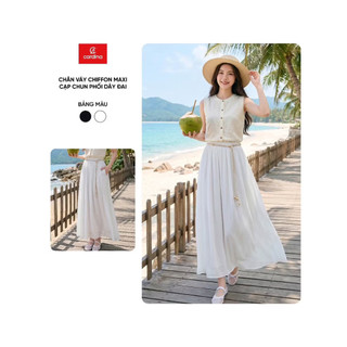 6CVX03,04  Chân váy maxi nữ CARDINA chất liệu chiffon cạp chun phối dây đai 6CVX03