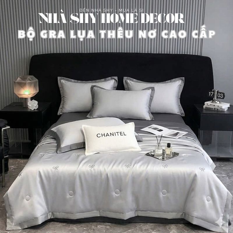 Trọn Bộ Phi Lụa Thêu Họa Tiết 5D Cao Cấp - Bộ 5 Món Chăn Trần Kiểu Mới - Chất Mềm Mát - Nhà Shy Home Decor