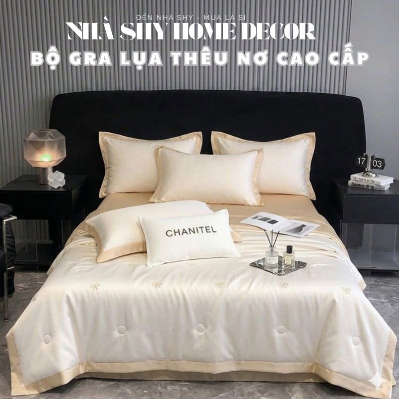 Trọn Bộ Phi Lụa Thêu Họa Tiết 5D Cao Cấp - Bộ 5 Món Chăn Trần Kiểu Mới - Chất Mềm Mát - Nhà Shy Home Decor