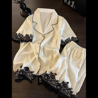 Bộ ngủ nữ lụa xước viền ren cúc đá qccc