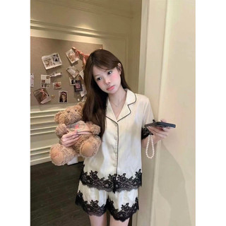 Bộ ngủ nữ lụa xước viền ren cúc đá qccc
