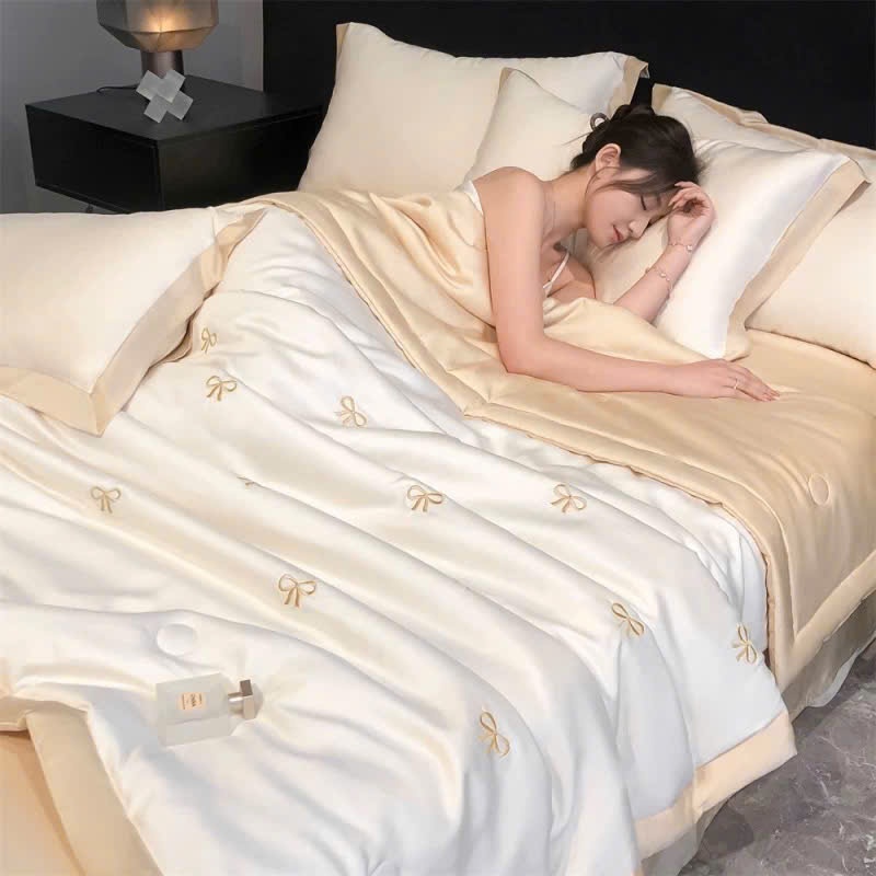 Trọn Bộ Phi Lụa Thêu Họa Tiết 5D Cao Cấp - Bộ 5 Món Chăn Trần Kiểu Mới - Chất Mềm Mát - Nhà Shy Home Decor