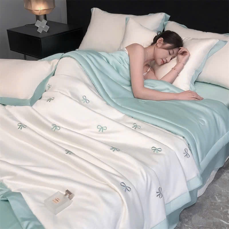 Trọn Bộ Phi Lụa Thêu Họa Tiết 5D Cao Cấp - Bộ 5 Món Chăn Trần Kiểu Mới - Chất Mềm Mát - Nhà Shy Home Decor