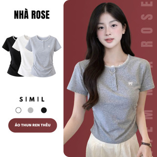 Áo Kiểu Nữ Thêu Nơ Cổ Ren Tròn Tay Ngắn Cúc Cài Nhún Eo Ôm Body Bozip Dày Chất Vải Thun WAK007