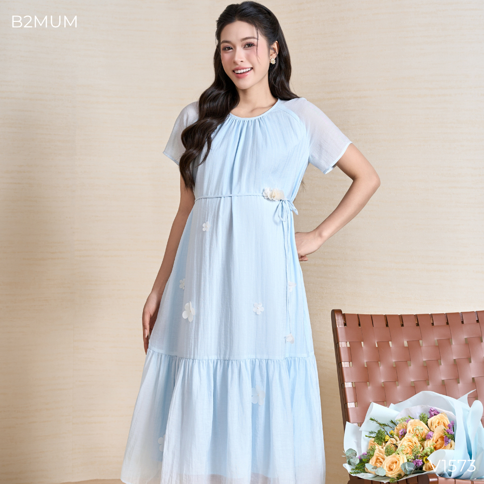 Đầm Bầu Suông Dáng Dài, Tay Cánh Tiên Nhẹ, Đính Hoa Nữ Tính – Mặc Đi Làm, Đi Chơi, Du Lịch - Ela Dress V1573 By B2MUM