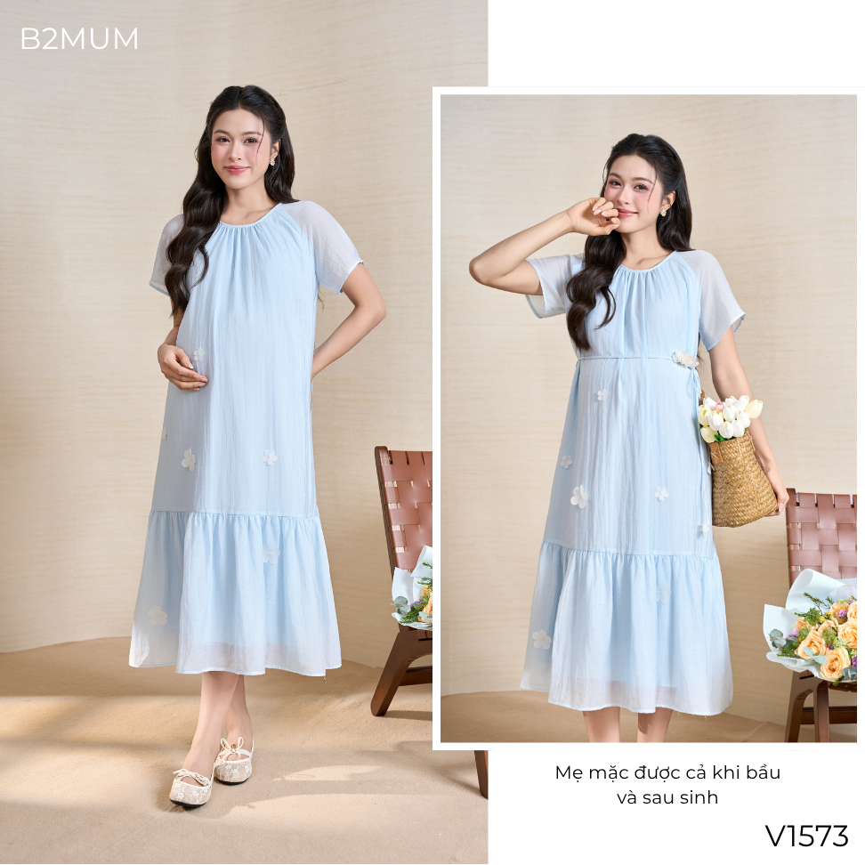 Đầm Bầu Suông Dáng Dài, Tay Cánh Tiên Nhẹ, Đính Hoa Nữ Tính – Mặc Đi Làm, Đi Chơi, Du Lịch - Ela Dress V1573 By B2MUM