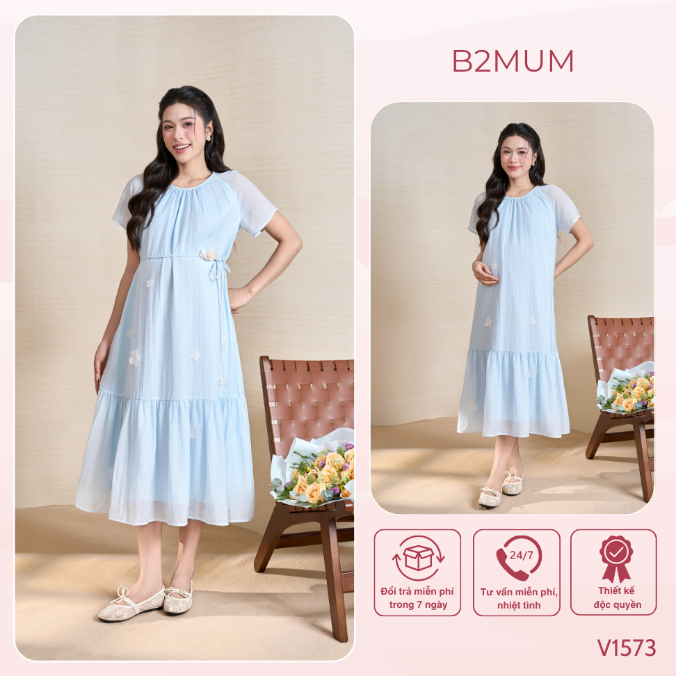 Đầm Bầu Suông Dáng Dài, Tay Cánh Tiên Nhẹ, Đính Hoa Nữ Tính – Mặc Đi Làm, Đi Chơi, Du Lịch - Ela Dress V1573 By B2MUM