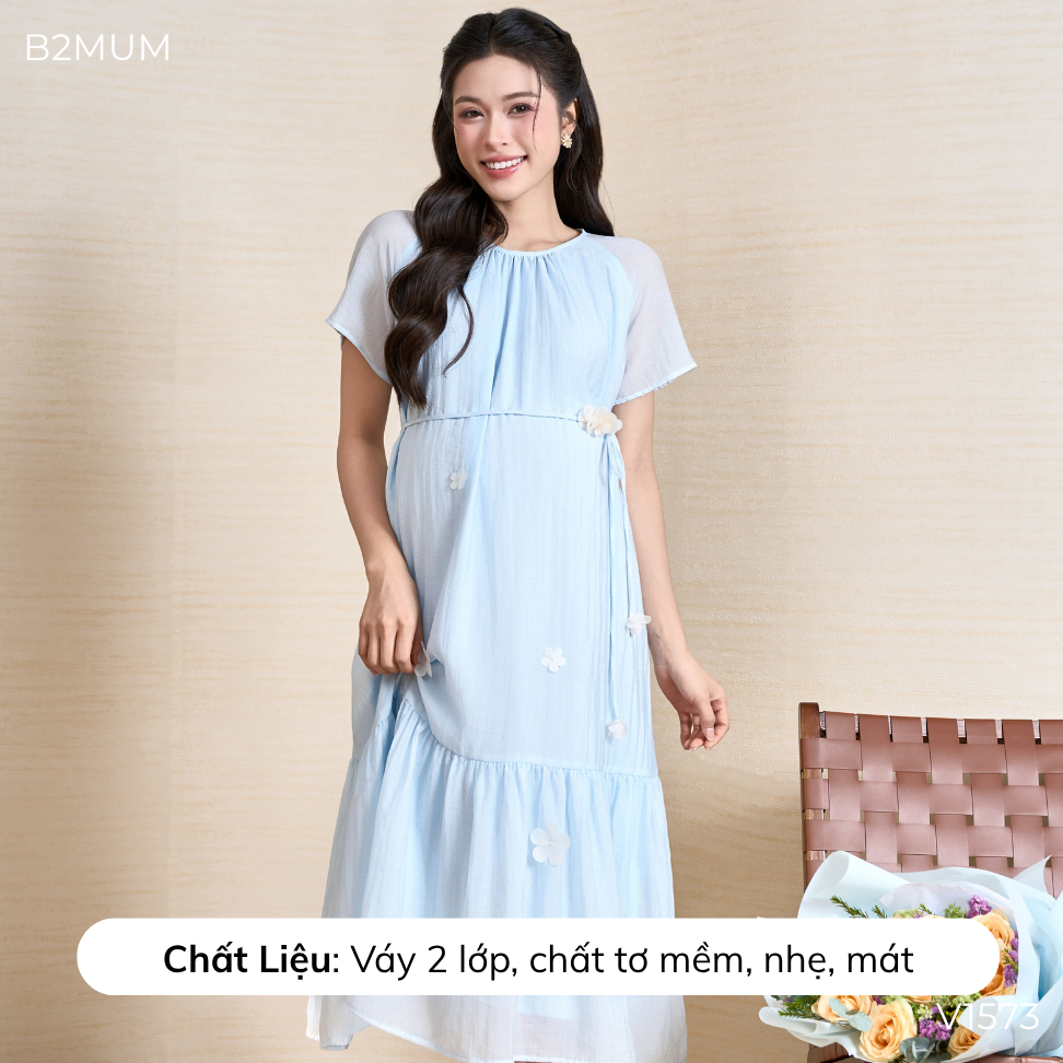 Đầm Bầu Suông Dáng Dài, Tay Cánh Tiên Nhẹ, Đính Hoa Nữ Tính – Mặc Đi Làm, Đi Chơi, Du Lịch - Ela Dress V1573 By B2MUM