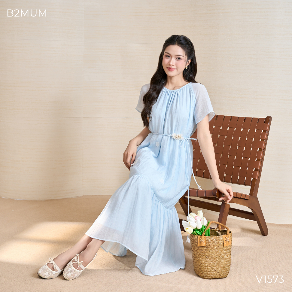 Đầm Bầu Suông Dáng Dài, Tay Cánh Tiên Nhẹ, Đính Hoa Nữ Tính – Mặc Đi Làm, Đi Chơi, Du Lịch - Ela Dress V1573 By B2MUM