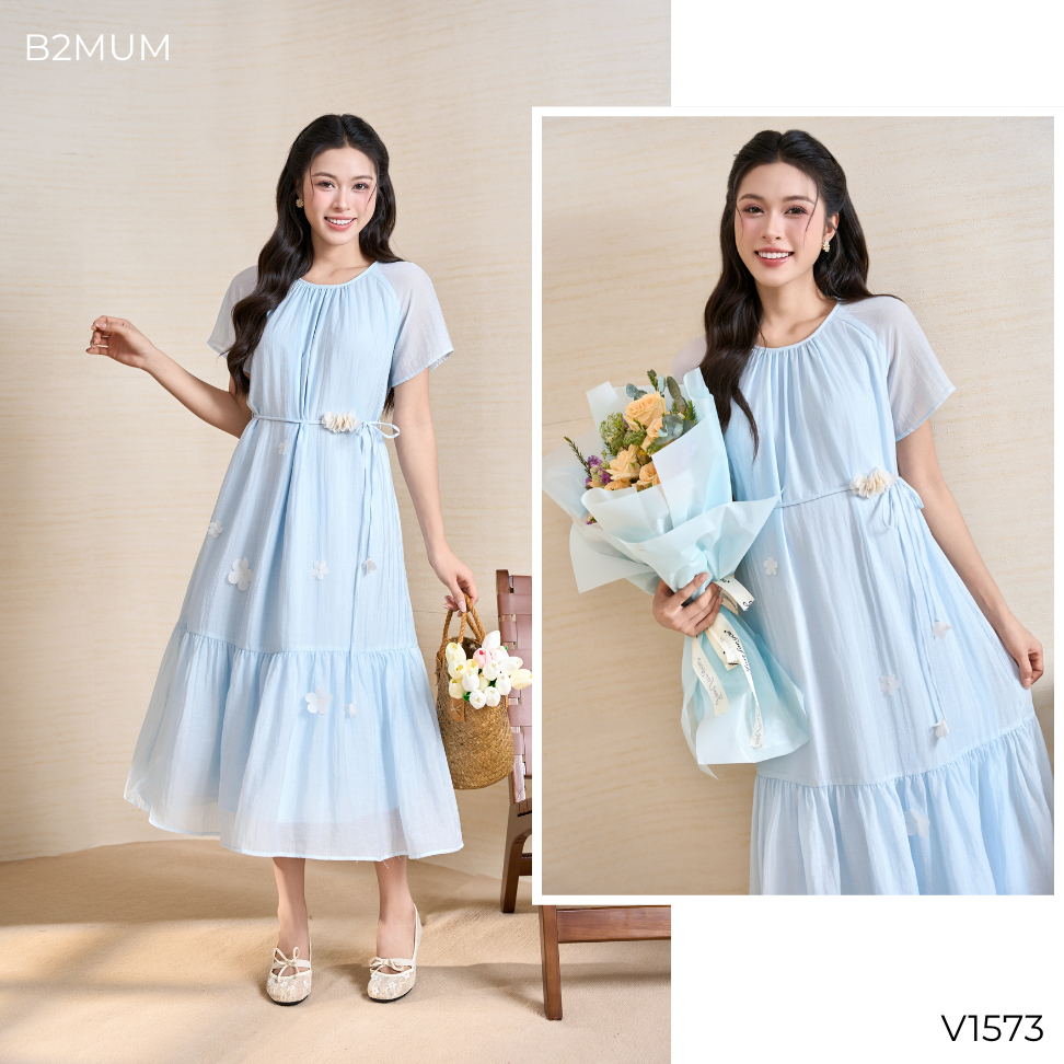 Đầm Bầu Suông Dáng Dài, Tay Cánh Tiên Nhẹ, Đính Hoa Nữ Tính – Mặc Đi Làm, Đi Chơi, Du Lịch - Ela Dress V1573 By B2MUM
