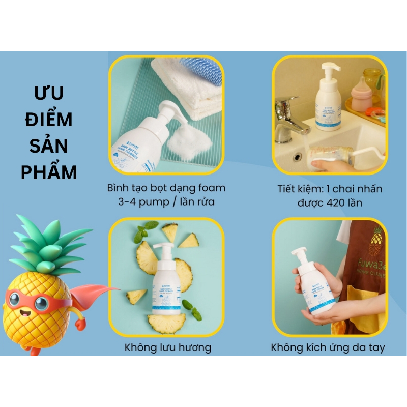 Nước rửa bình sữa cho bé Fuwa3e - Rửa sạch mùi sữa, cặn sữa và các vết bẩn cứng đầu.