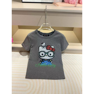 Áo phông cotton cổ tròn cộc tay hình kitty đeo kính form babytee
