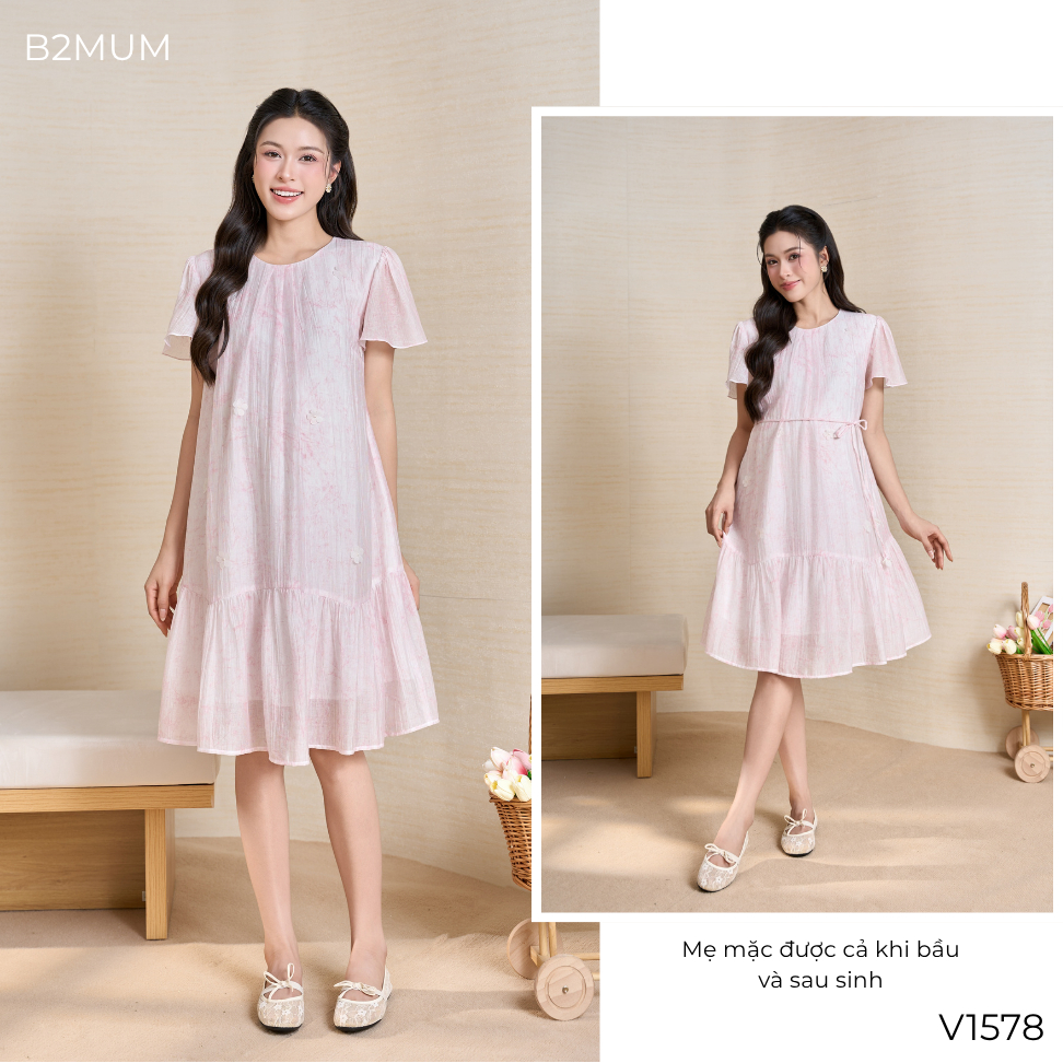 Đầm Bầu Dáng Suông Xòe Nhẹ, Tay Cánh Tiên Nữ Tính – Đi Chơi, Du Lịch, Đi Biển Thoáng Mát Rinna Dress V1578 By B2MUM