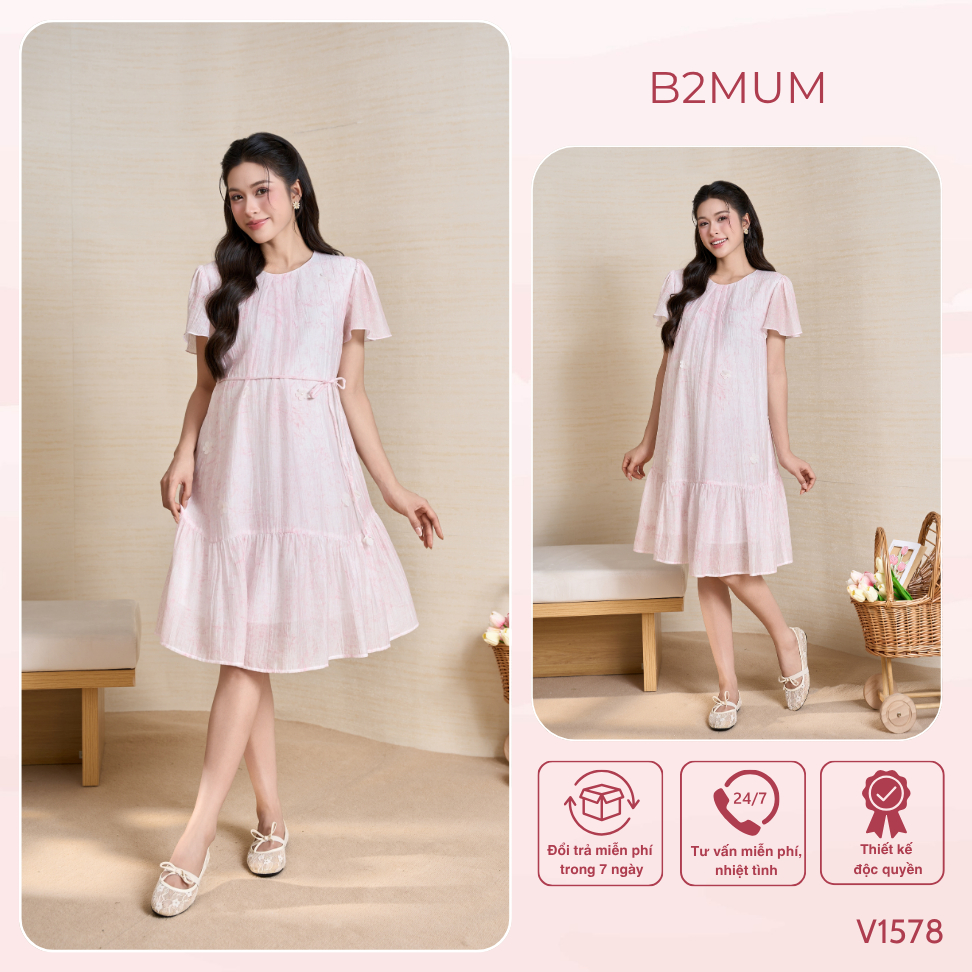 Đầm Bầu Dáng Suông Xòe Nhẹ, Tay Cánh Tiên Nữ Tính – Đi Chơi, Du Lịch, Đi Biển Thoáng Mát Rinna Dress V1578 By B2MUM