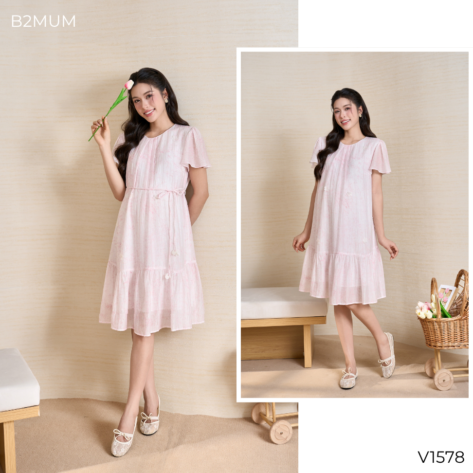 Đầm Bầu Dáng Suông Xòe Nhẹ, Tay Cánh Tiên Nữ Tính – Đi Chơi, Du Lịch, Đi Biển Thoáng Mát Rinna Dress V1578 By B2MUM