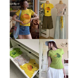 WGWE | Áo thun tay ngắn in trái cây, dáng ôm croptop phong cách Hàn – W9415#